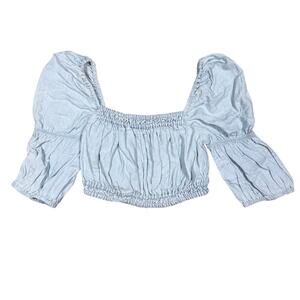 Zara Chambray Crop Top Puff Sleeve Shirt Denim Open Back Size Small Cottage